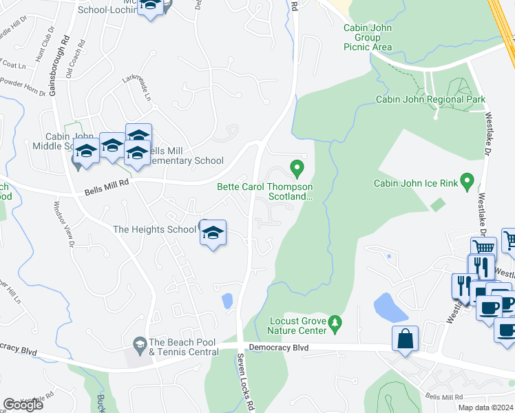 map of restaurants, bars, coffee shops, grocery stores, and more near 10706 Muirfield Drive in Rockville