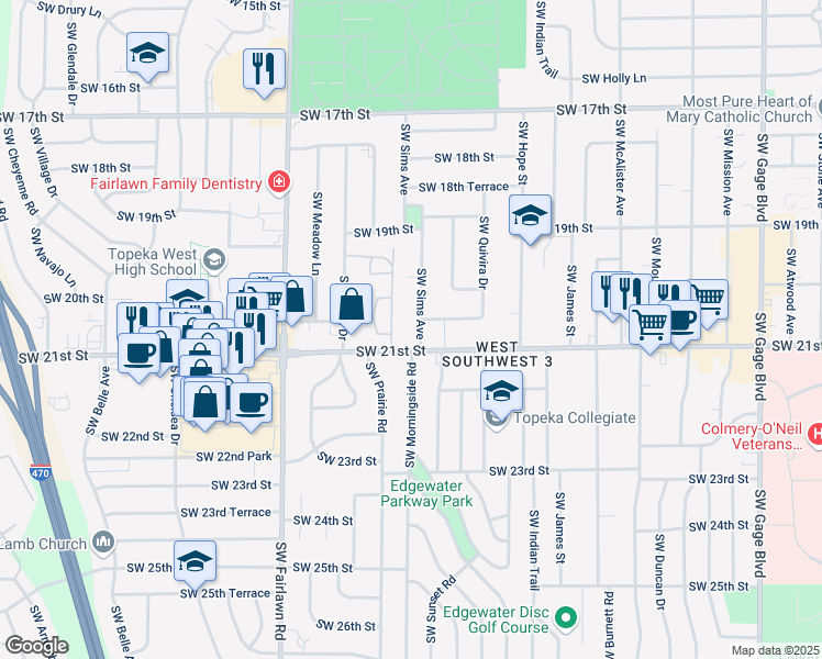 map of restaurants, bars, coffee shops, grocery stores, and more near 2052 Southwest Regency Parkway in Topeka