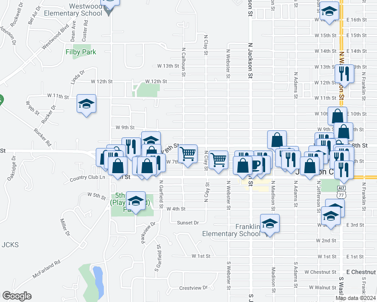 map of restaurants, bars, coffee shops, grocery stores, and more near 801 West 8th Street in Junction City
