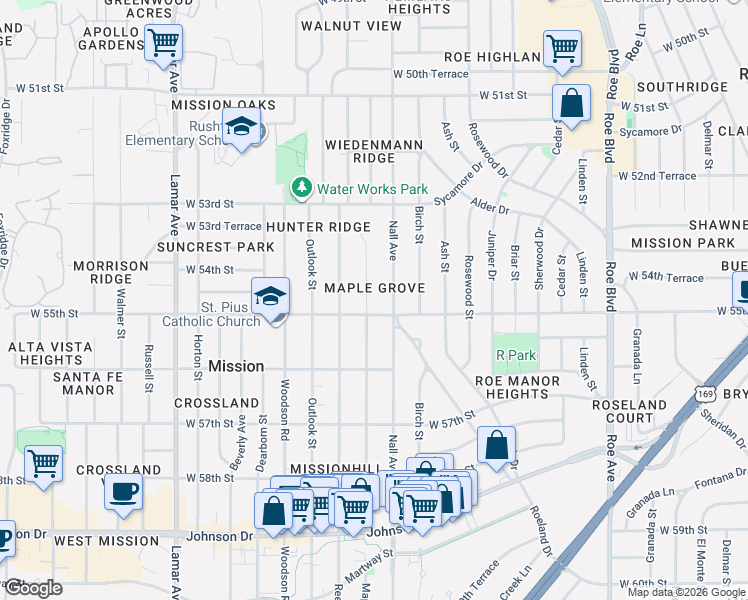 map of restaurants, bars, coffee shops, grocery stores, and more near 5433 Maple Street in Mission