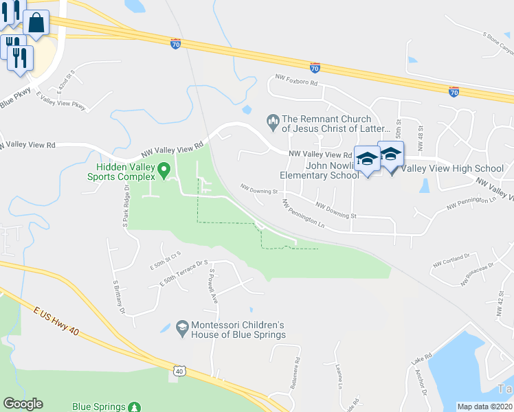 map of restaurants, bars, coffee shops, grocery stores, and more near 1117 Northwest Downing Circle in Blue Springs