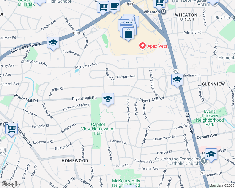 map of restaurants, bars, coffee shops, grocery stores, and more near 2713 Plyers Mill Road in Silver Spring
