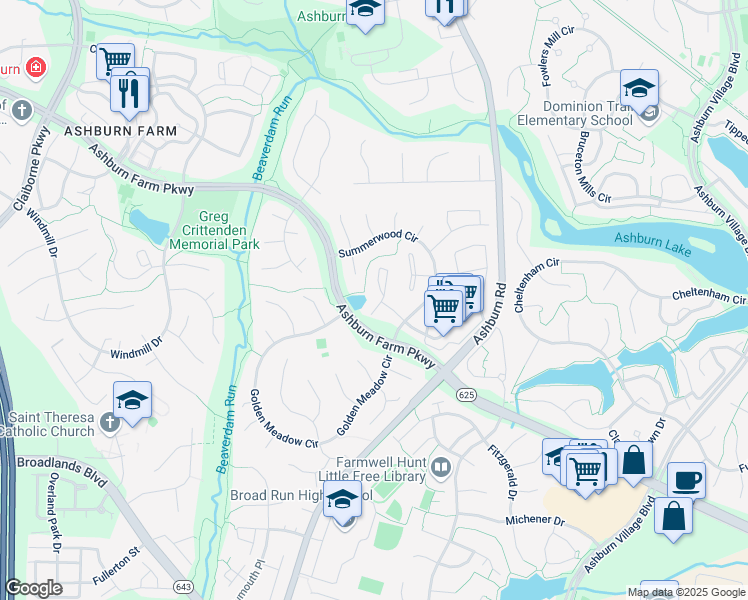 map of restaurants, bars, coffee shops, grocery stores, and more near 21236 Hedgerow Terrace in Ashburn