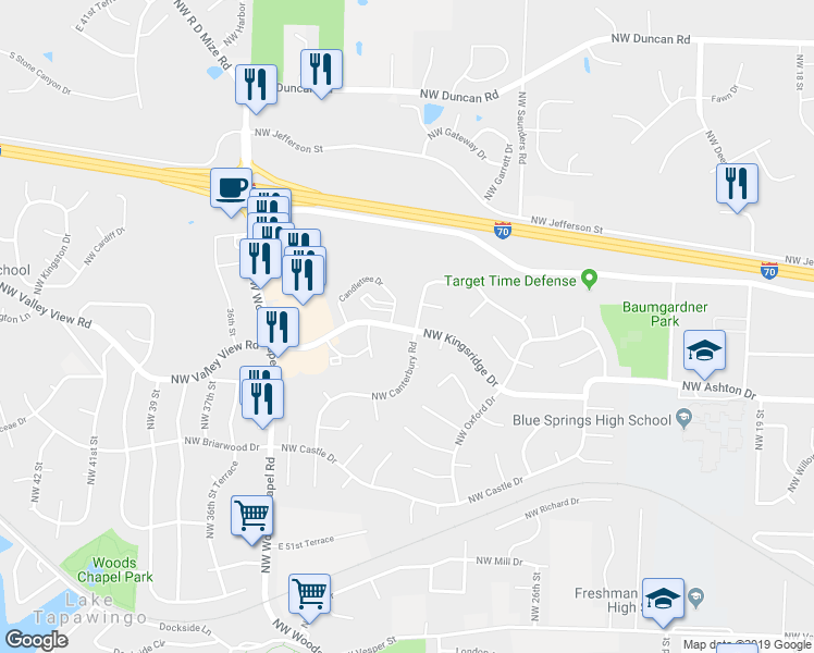 map of restaurants, bars, coffee shops, grocery stores, and more near 3011 Northwest Kingsridge Drive in Blue Springs