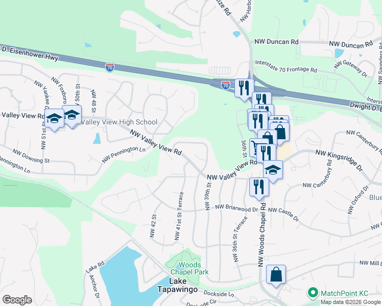 map of restaurants, bars, coffee shops, grocery stores, and more near 4020 Northwest Delwood Court in Blue Springs