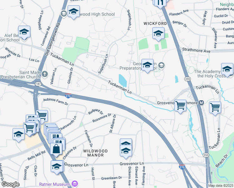 map of restaurants, bars, coffee shops, grocery stores, and more near 5703 Luxemburg Street in North Bethesda