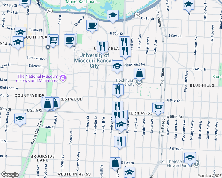 map of restaurants, bars, coffee shops, grocery stores, and more near 5322 Harrison Street in Kansas City