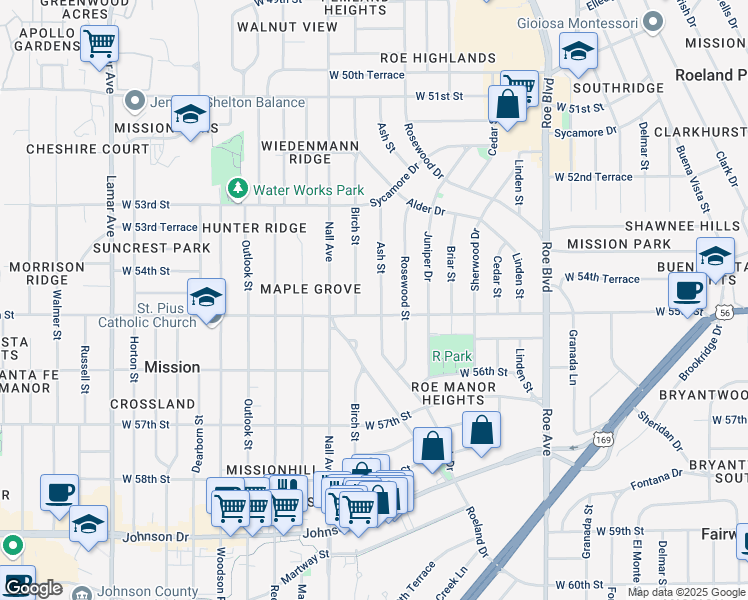map of restaurants, bars, coffee shops, grocery stores, and more near 5440 Ash St in Roeland Park