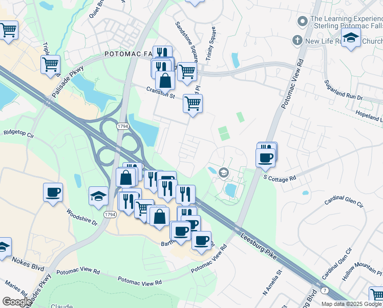 map of restaurants, bars, coffee shops, grocery stores, and more near 46367 Utica Square in Sterling