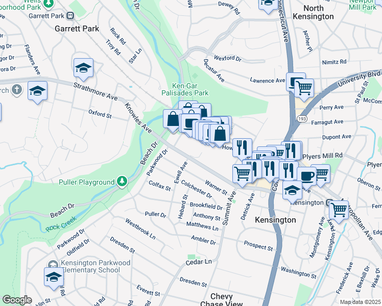 map of restaurants, bars, coffee shops, grocery stores, and more near 4301 Knowles Avenue in Kensington