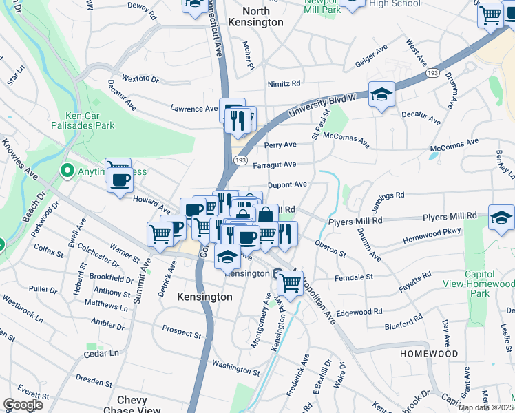 map of restaurants, bars, coffee shops, grocery stores, and more near 3603 Plyers Mill Road in Kensington