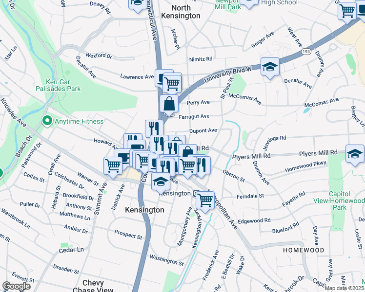 map of restaurants, bars, coffee shops, grocery stores, and more near 3603 Plyers Mill Road in Kensington
