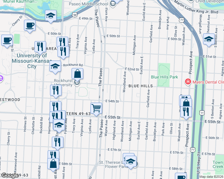 map of restaurants, bars, coffee shops, grocery stores, and more near 5315 Wayne Avenue in Kansas City