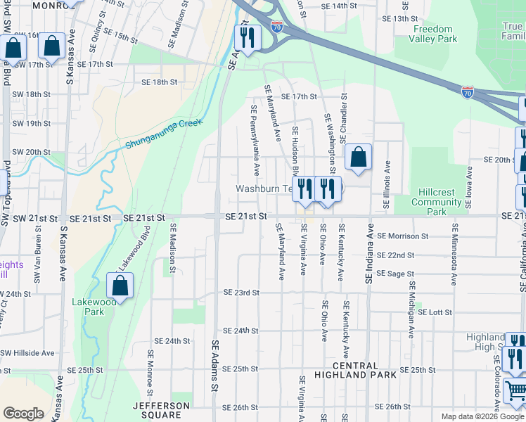 map of restaurants, bars, coffee shops, grocery stores, and more near 2030 Southeast Pennsylvania Avenue in Topeka