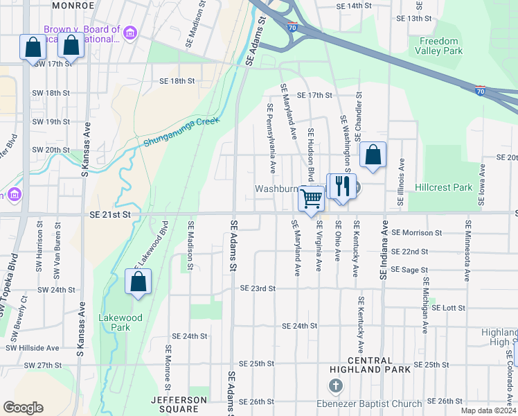 map of restaurants, bars, coffee shops, grocery stores, and more near 2032 Southeast Massachusetts Avenue in Topeka