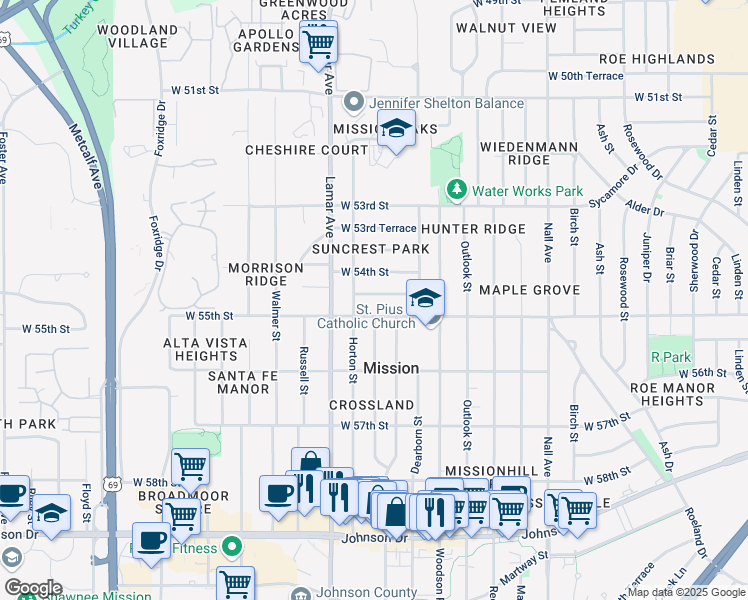 map of restaurants, bars, coffee shops, grocery stores, and more near 6101 West 54th Terrace in Mission