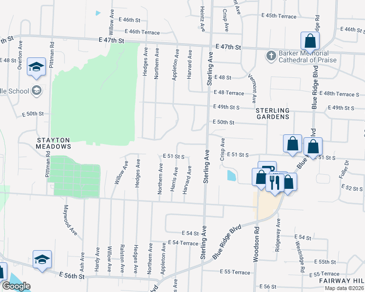 map of restaurants, bars, coffee shops, grocery stores, and more near 11001 East 50th Terrace in Kansas City