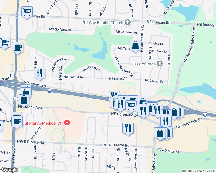 map of restaurants, bars, coffee shops, grocery stores, and more near 401 Northeast Highland Lane in Blue Springs