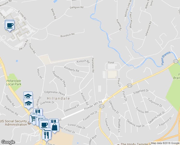 map of restaurants, bars, coffee shops, grocery stores, and more near 10615 Kinloch Road in Silver Spring