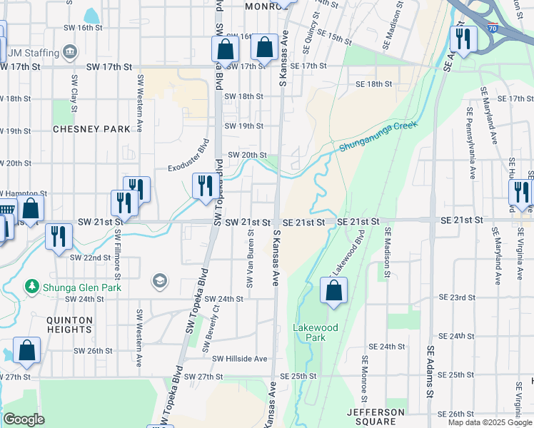 map of restaurants, bars, coffee shops, grocery stores, and more near 2081 South Kansas Avenue in Topeka