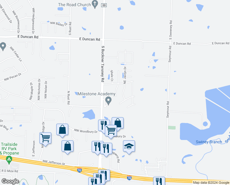map of restaurants, bars, coffee shops, grocery stores, and more near 1412 Northeast Mary Court in Grain Valley