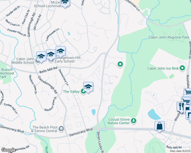 map of restaurants, bars, coffee shops, grocery stores, and more near 8010 Inverness Ridge Rd in Rockville