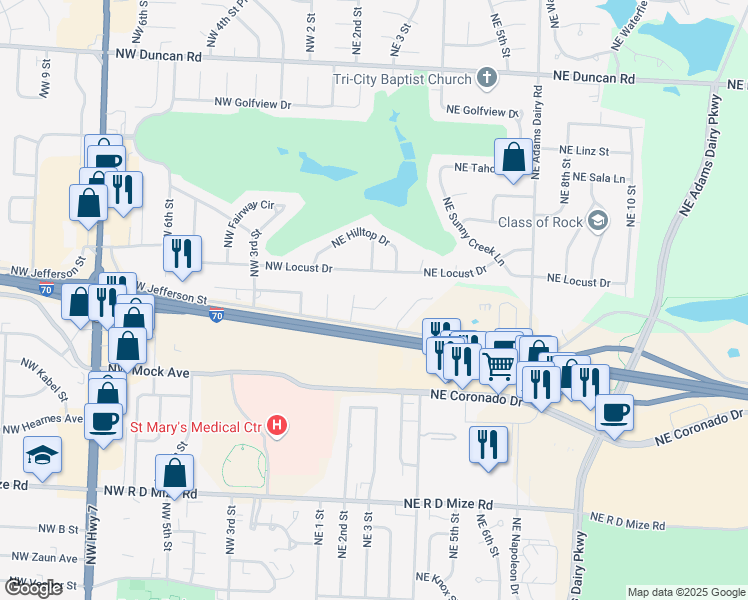 map of restaurants, bars, coffee shops, grocery stores, and more near 217 Northeast Cedar Court in Blue Springs