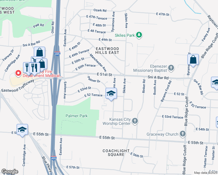 map of restaurants, bars, coffee shops, grocery stores, and more near 5173 Palmer Drive in Kansas City