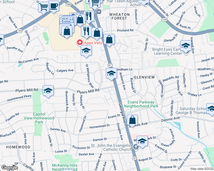 map of restaurants, bars, coffee shops, grocery stores, and more near 2307 Plyers Mill Road in Silver Spring