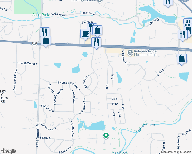 map of restaurants, bars, coffee shops, grocery stores, and more near 4900 South Shrank Drive in Independence