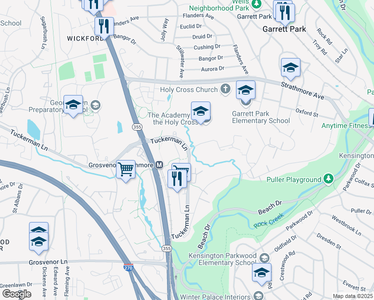 map of restaurants, bars, coffee shops, grocery stores, and more near Tuckerman Ln & Cloister Dr in North Bethesda