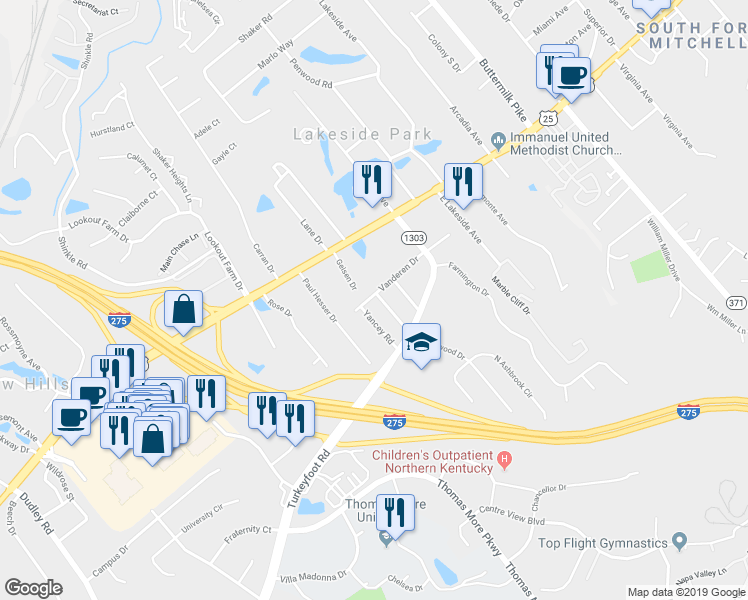 map of restaurants, bars, coffee shops, grocery stores, and more near 101 Holiday Lane in Lakeside Park