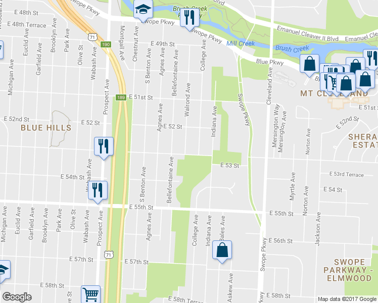 map of restaurants, bars, coffee shops, grocery stores, and more near 5253 Walrond Avenue in Kansas City