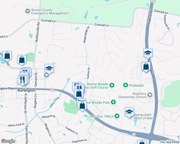 map of restaurants, bars, coffee shops, grocery stores, and more near 5908 Carlton Drive in Burlington