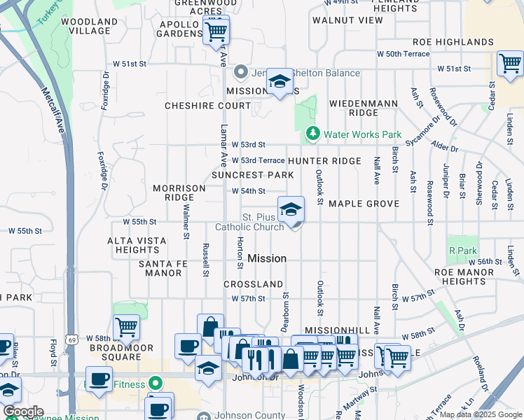 map of restaurants, bars, coffee shops, grocery stores, and more near 6101 West 54th Terrace in Mission
