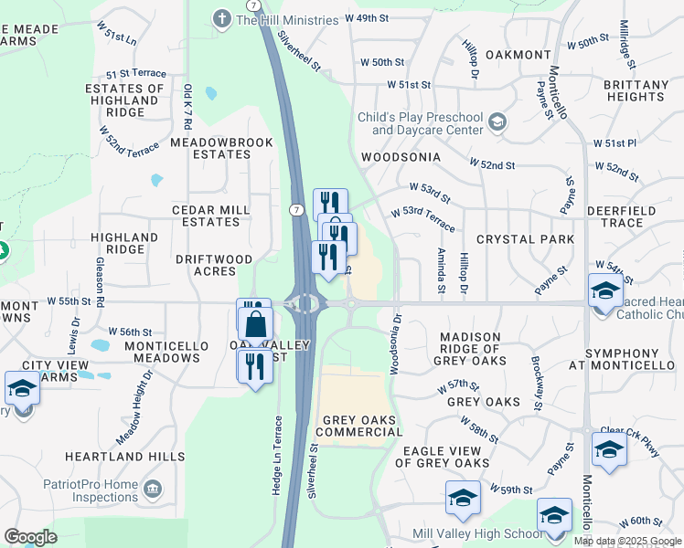 map of restaurants, bars, coffee shops, grocery stores, and more near 5436 Roberts Street in Shawnee