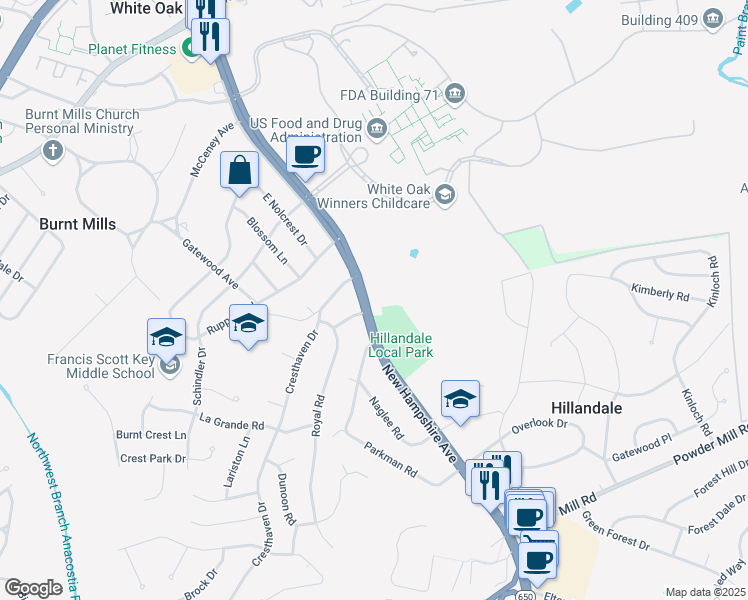 map of restaurants, bars, coffee shops, grocery stores, and more near 10617 New Hampshire Avenue in Silver Spring