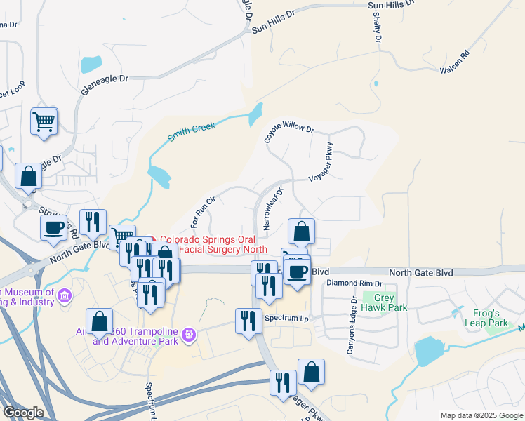 map of restaurants, bars, coffee shops, grocery stores, and more near 13748 Narrowleaf Drive in Colorado Springs
