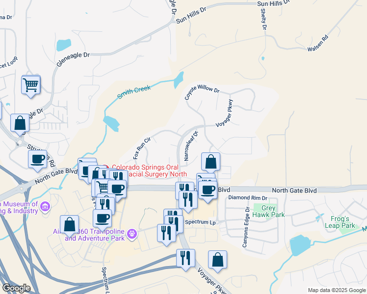 map of restaurants, bars, coffee shops, grocery stores, and more near 13748 Narrowleaf Drive in Colorado Springs