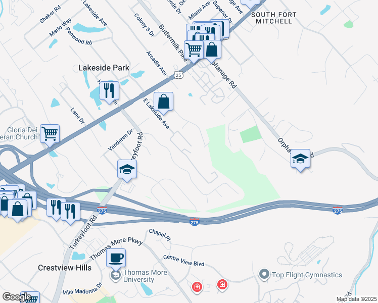 map of restaurants, bars, coffee shops, grocery stores, and more near 67 Blue Stone Court in Lakeside Park