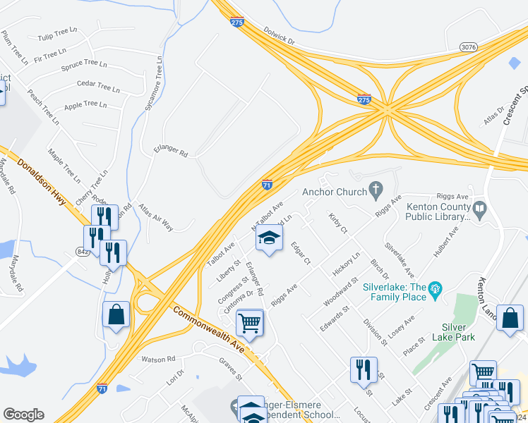 map of restaurants, bars, coffee shops, grocery stores, and more near 3235 North Talbot Avenue in Erlanger