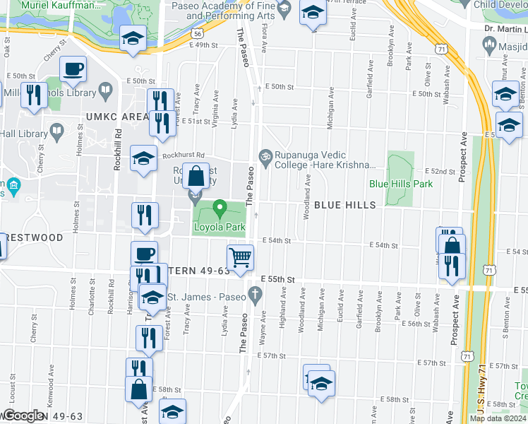 map of restaurants, bars, coffee shops, grocery stores, and more near 5316 The Paseo in Kansas City