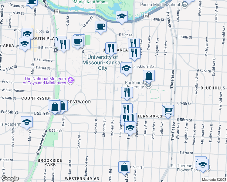 map of restaurants, bars, coffee shops, grocery stores, and more near 5326 Rockhill Road in Kansas City