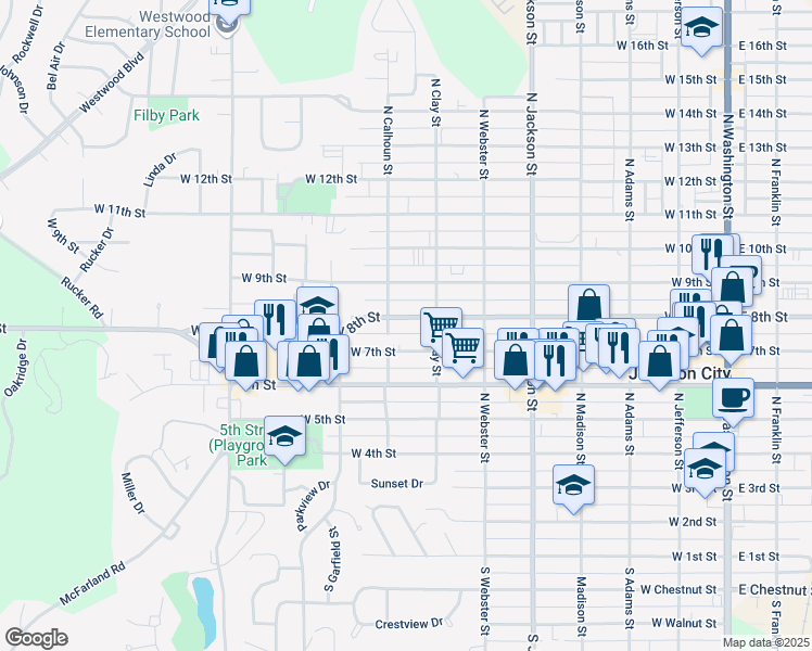map of restaurants, bars, coffee shops, grocery stores, and more near 707 West 8th Street in Junction City