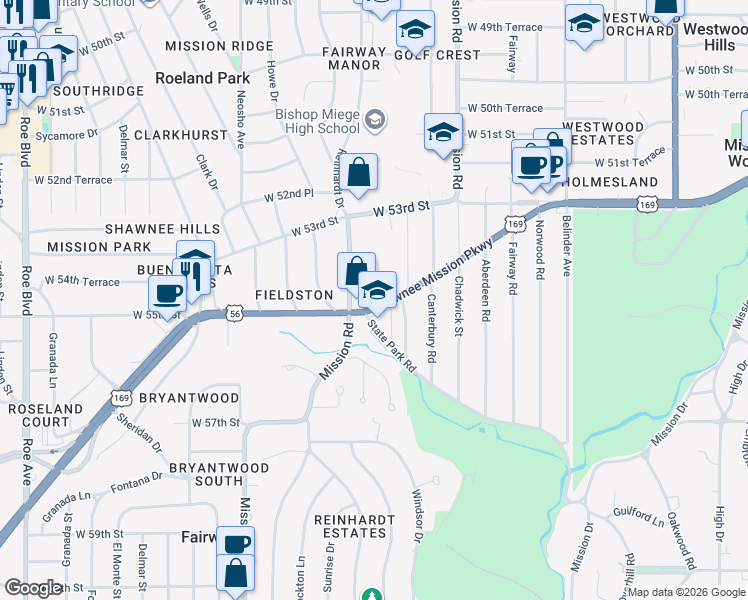 map of restaurants, bars, coffee shops, grocery stores, and more near 5440 Windsor Lane in Fairway