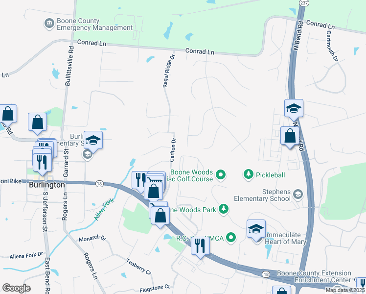 map of restaurants, bars, coffee shops, grocery stores, and more near 2565 Chateaugay Court in Burlington