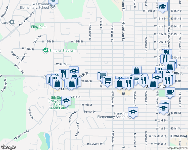 map of restaurants, bars, coffee shops, grocery stores, and more near 727 West 8th Street in Junction City