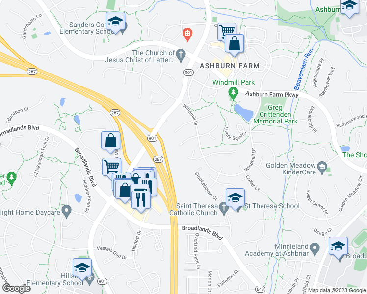 map of restaurants, bars, coffee shops, grocery stores, and more near 43249 Preston Court in Ashburn