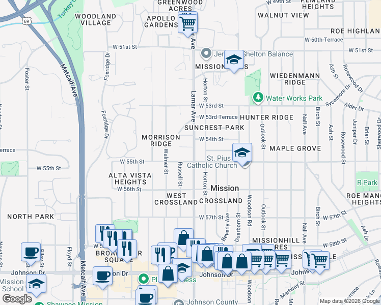 map of restaurants, bars, coffee shops, grocery stores, and more near 5430 Lamar Avenue in Mission
