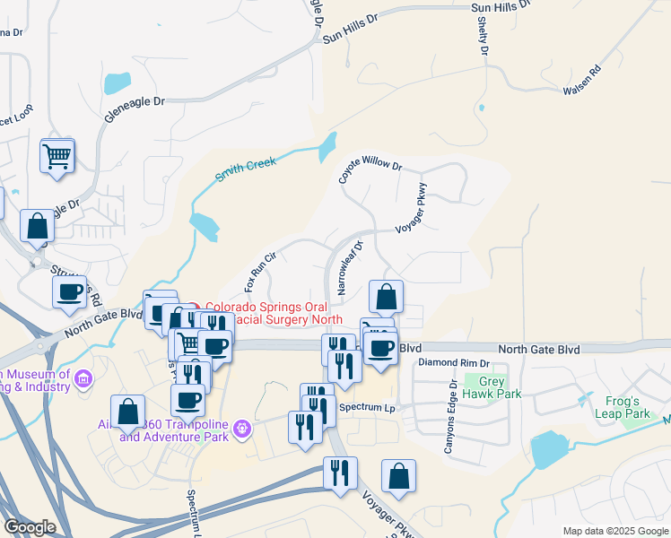 map of restaurants, bars, coffee shops, grocery stores, and more near 13748 Narrowleaf Drive in Colorado Springs